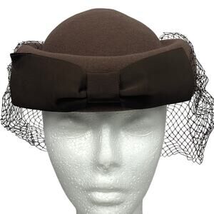 Vintage 1950's Ernie Brown Felted Wool Pillbox Hat Front Bow Netting One Size